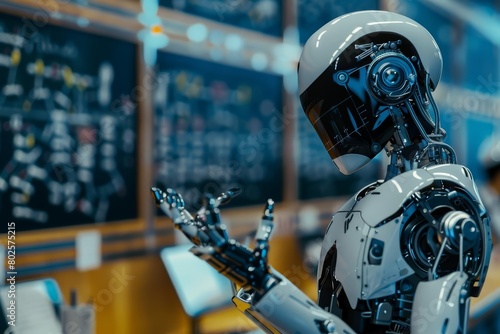Close up cyber concept of a school where robots are teaching algebra to students, their metallic hands gesturing precisely, Sharpen Cinematic tone with blur background photo