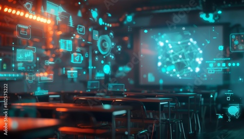 Close up cyber concept of a miraculous virtual classroom where digital desks and holographic projectors fill the scene