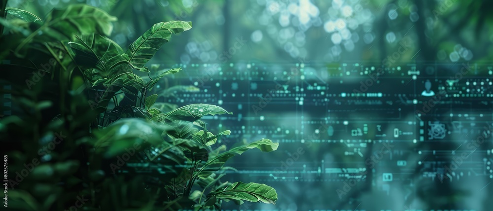Obraz premium Closeup cyber concept of a virtual forest ecosystem displaying novel species interactions and growth patterns