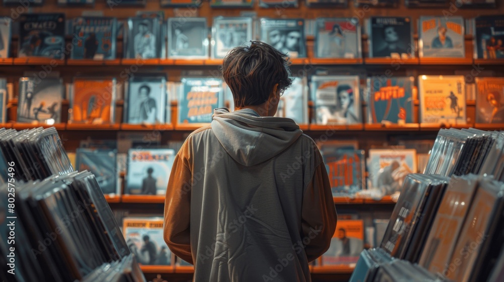 Young Man Browsing Records in Cozy Music Shop: A Nostalgic Journey through Vinyl