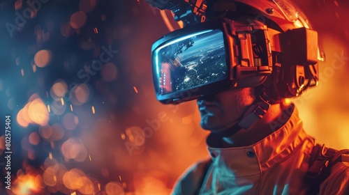 Closeup cyber concept of a firefighter training with uncanny VR simulations for highrisk rescues, Sharpen Cinematic tone with blur background and no text, logo brand in photo