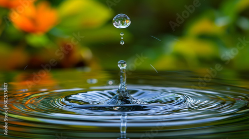 A crystal-clear droplet dances mid-air, sunlight catching its iridescence, as it plunges into a serene pond