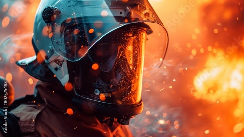 Closeup cyber concept of a firefighter training with uncanny VR simulations for highrisk rescues, Sharpen Cinematic tone with blur background and no text, logo brand in photo © JK_kyoto