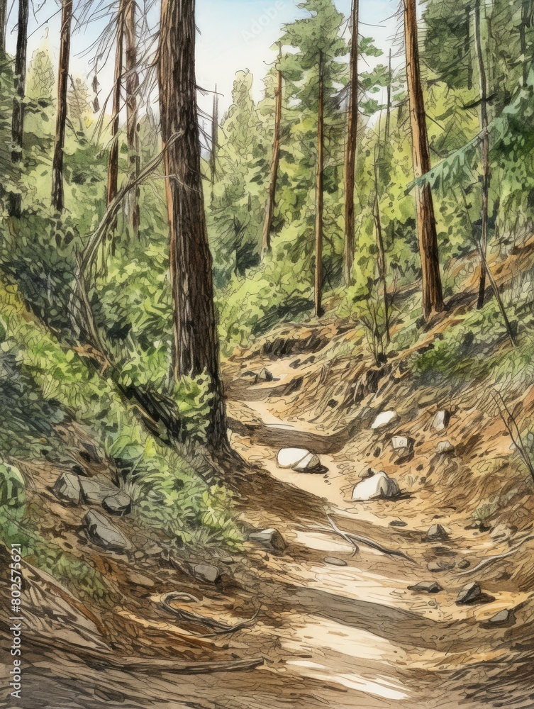 Lush forest trail with tall trees and greenery Lush forest trail with tall trees and greenery
