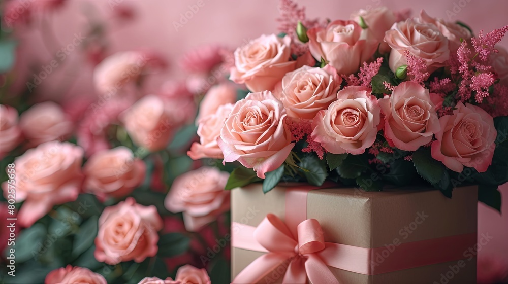 Elegant Pink Roses in a Decorative Vase with Gift Box Surrounded by Soft Bokeh Elegant Pink Roses in a Decorative Vase with Gift Box Surrounded by Soft Bokeh