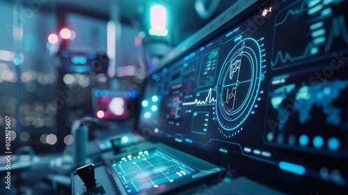 Closeup cyber concept of a futuristic nurse station featuring miraculous AI diagnostics tools, Sharpen Cinematic tone with blur background and no text, logo brand in photo photo