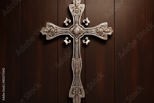 Ornate Christian cross on wooden background