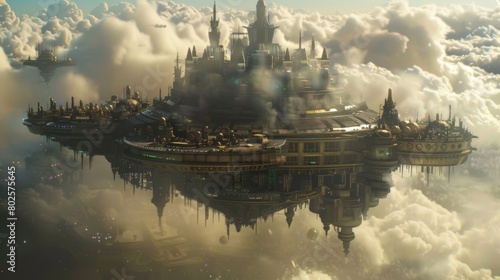 A giant floating city in the clouds made up of different races and creatures from across the universe all living together in perfect . .