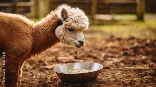 Cute alpaca drinking from bowl
