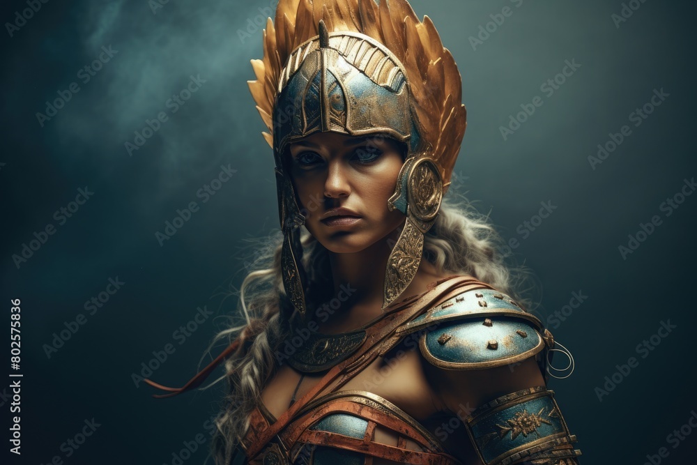 Fierce female warrior in ornate armor
