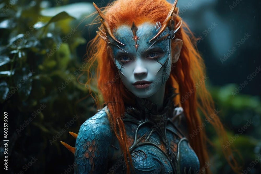 Mythical fantasy creature with vibrant orange hair and blue scales Mythical fantasy creature with vibrant orange hair and blue scales