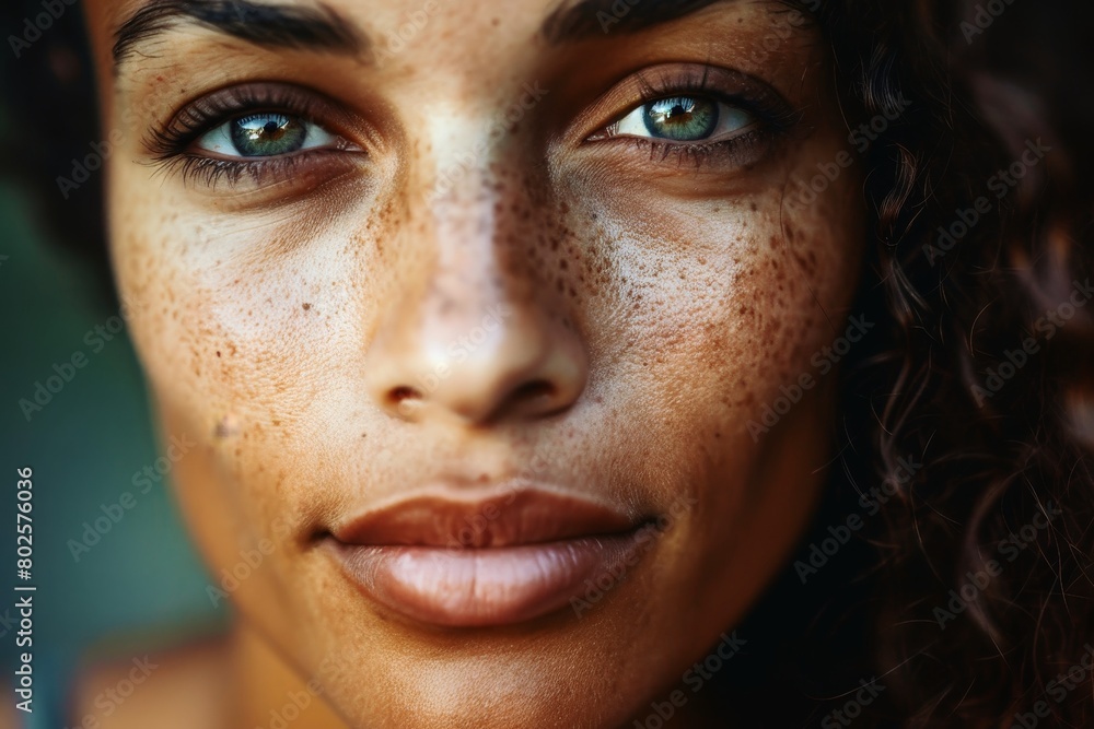 A close up shot of a woman with a thoughtful expression showcasing natural beauty without makeup. A close up shot of a woman with a thoughtful expression showcasing natural beauty without makeup.