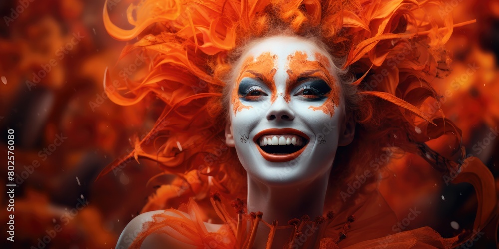 Vibrant orange feathered costume with dramatic makeup