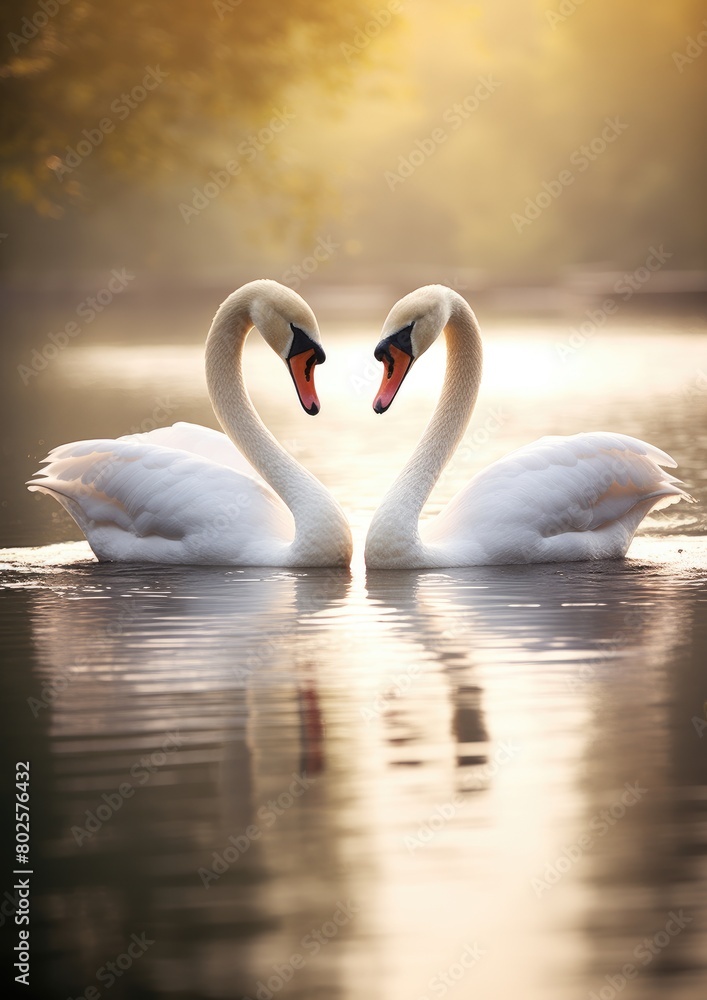 Fototapeta premium Graceful swans forming heart shape on serene lake