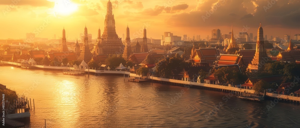 Obraz premium Explore the majestic temples of Thailand set against vibrant cityscapes, a perfect blend for an ads website banner Sharpen banner background concept 3D with copy space