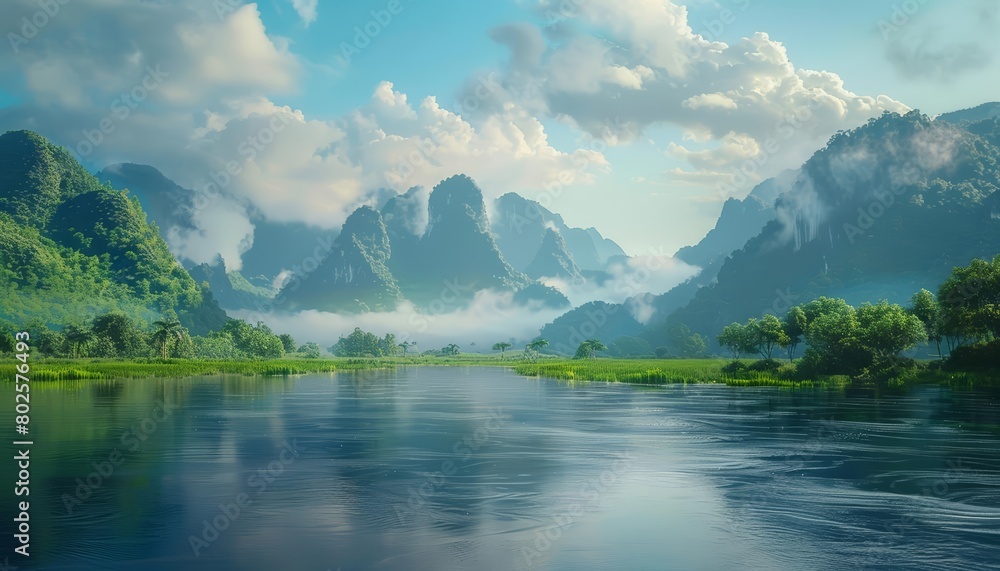 Naklejka premium Feel the serene landscapes of Laos, where time slows down, fitting for a background wallpaper on a travel blog Sharpen banner background concept 3D with copy space