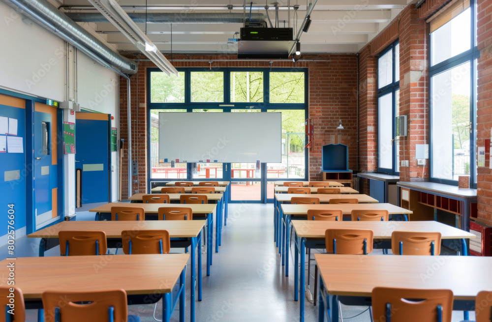 Empty, classroom and desk for student education with whiteboard for learning, scholarship or back to school. Furniture, chairs and academy campus for youth future or lesson, university or studying Empty, classroom and desk for student education with whiteboard for learning, scholarship or back to school. Furniture, chairs and academy campus for youth future or lesson, university or studying