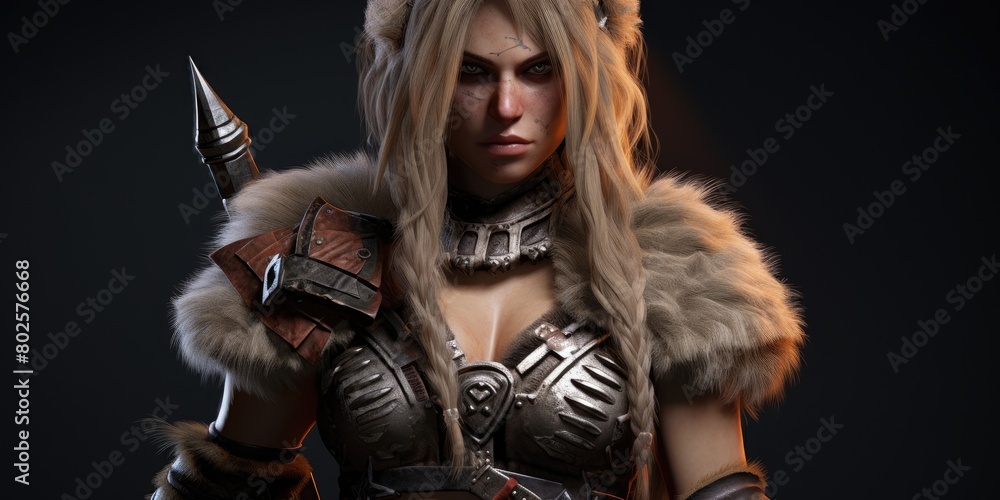 Fierce female warrior in fur-trimmed armor Fierce female warrior in fur-trimmed armor