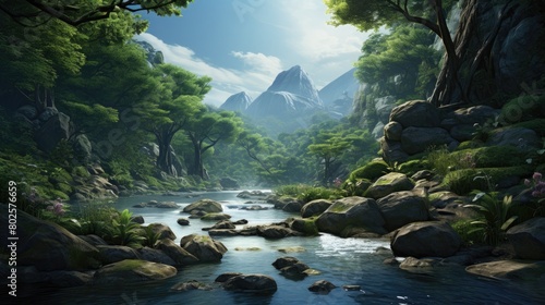 Serene mountain landscape with lush green forest and flowing river