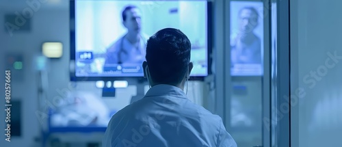 In a serene hospital ward, doctors use telemedicine to consult with patients remotely, minimizing the spread of the epidemic, Sharpen close up hitech concept with blur background photo