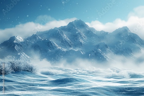 the mountains are covered in snow and there is a large body of water in the foreground © Vladimir