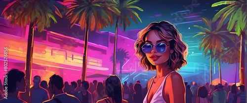 Illustration of a chic woman in sunglasses with a neon-lit street party in the background, capturing the energy of nightlife