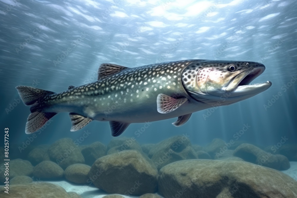 Fototapeta premium Spotted trout swimming underwater in a river