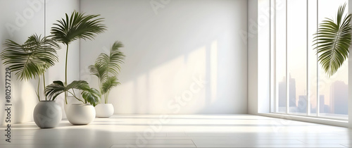 Elegantly minimal modern indoor space with potted palm plants against bright windows suggesting calmness and airiness