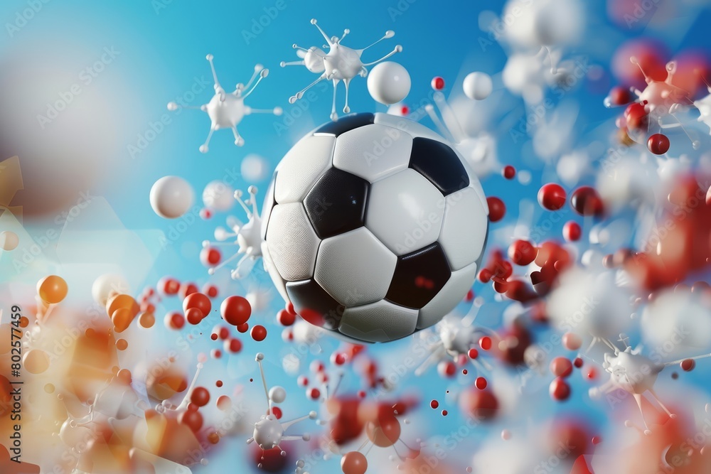 The football spiraled against a backdrop of abstract molecules banner The football spiraled against a backdrop of abstract molecules banner