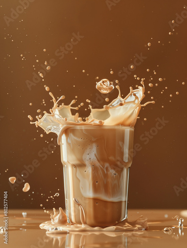 Cold milk splashing as it's poured into a glass for a refreshing breakfast drink