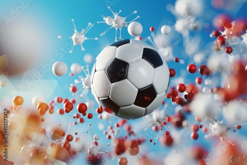 The football spiraled against a backdrop of abstract molecules banner