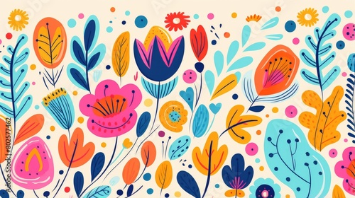 Vibrant floral pattern with colorful blooms and leaves