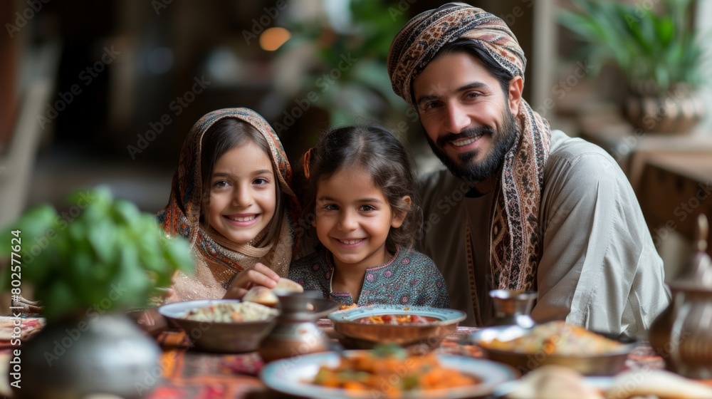 Happy Muslim Family Enjoying Meal Together at Home: Parents with Kids Sharing Traditional Food Happy Muslim Family Enjoying Meal Together at Home: Parents with Kids Sharing Traditional Food