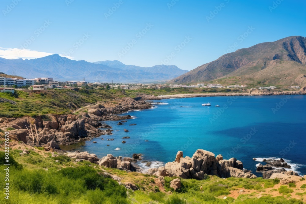Scenic coastal landscape with mountains and turquoise waters
