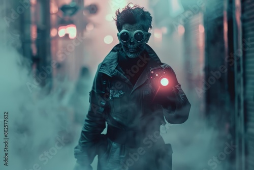 Through the foggy streets, a zombie detective hunts rogue androids with a brainwave scanner holstered on his belt Sharpen close up strange style hitech ultrafashionable concept photo