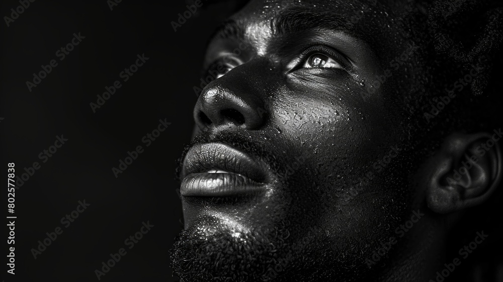Portrait of an African-American Man Against a Black Background with Sweat Details Portrait of an African-American Man Against a Black Background with Sweat Details
