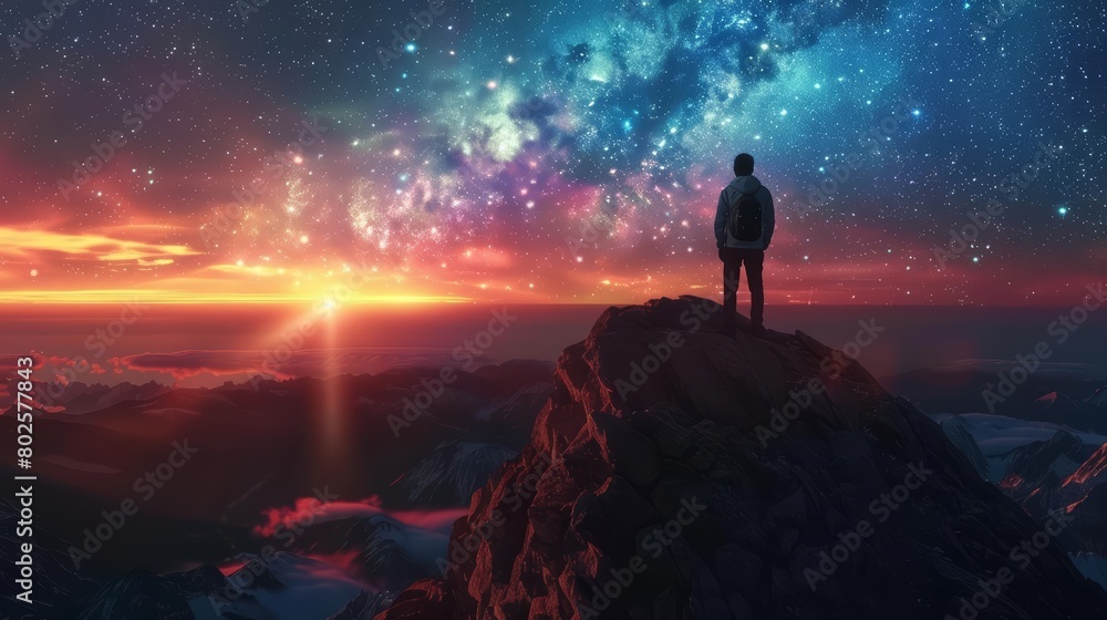 Fototapeta premium Viewers on a mountain summit at sunset marvel as the Milky Way emerges, bridging the gap between day and night, Sharpen realistic cinematic color high detail landscape background