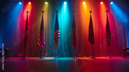 Veterans Day honors military service with a display of flags and medals on a minimalist stage, each piece accentuated by respectful glow neon lighting, product display background photo