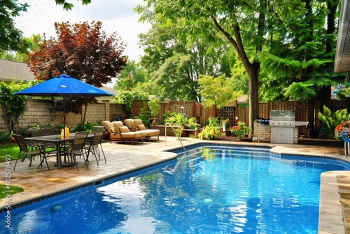 A beautiful backyard with a swimming pool patio furniture and a grill. photo
