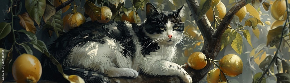 A detailed charcoal drawing of a black and white spotted cat with fluffy fur, resting peacefully under a lemon tree 8K , high-resolution, ultra HD,up32K HD A detailed charcoal drawing of a black and white spotted cat with fluffy fur, resting peacefully under a lemon tree 8K , high-resolution, ultra HD,up32K HD