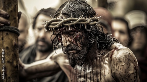 man with a crown of thorns on his head, portraying the depiction of Jesus Christ in his crucifixion on Mount Calvary. photo