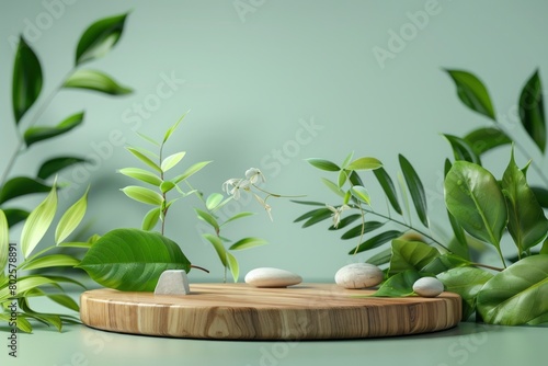 Wood podium with green leaves and natural stones. Abstract podium for organic cosmetic products. Natural stand for presentation and exhibitions. Front view - generative ai