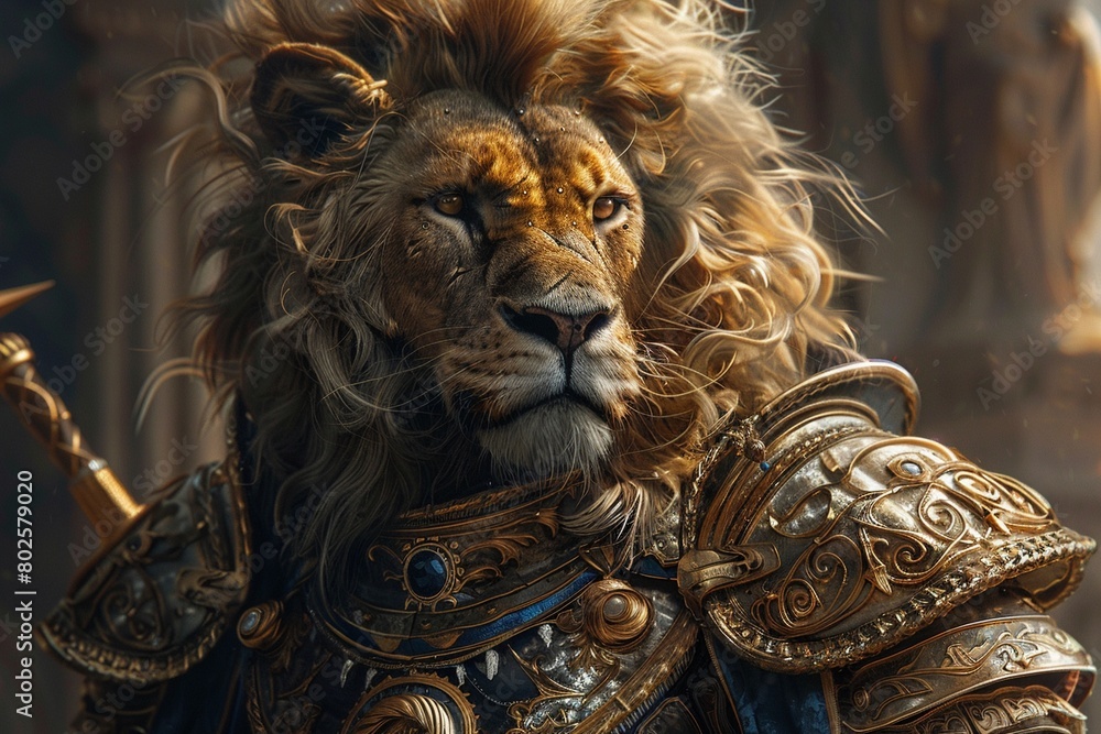 A lion depicted in grand fantasy art, wearing armor with intricate designs 8K , high-resolution, ultra HD,up32K HD