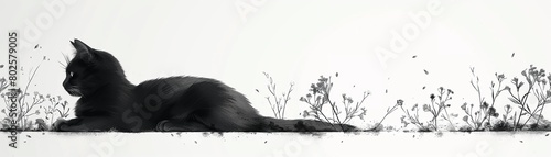 A Japanesestyle illustration of a black cat with a white background 8K , high-resolution, ultra HD,up32K HD photo