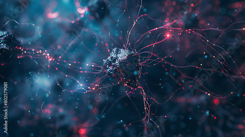 The image showcases a detailed and intricate network of neurons. Each neuron has multiple dendrites extending outward, creating an interconnected web photo