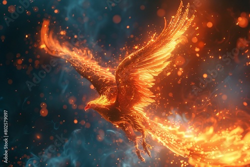 A phoenix emerging from the ashes in a holographic flame, symbolizing rebirth and renewal 8K , high-resolution, ultra HD,up32K HD photo