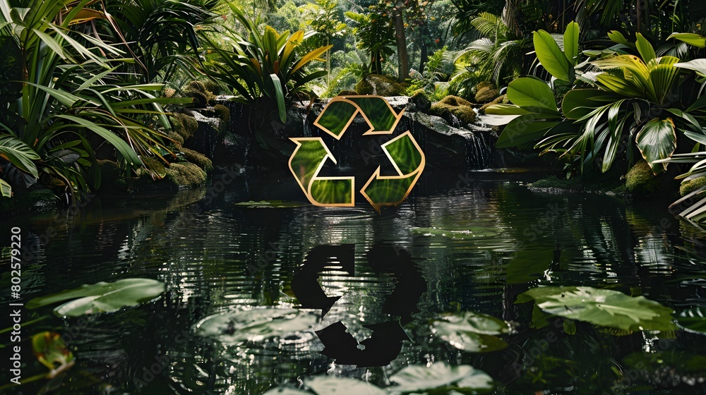 Naklejka premium A lake in the shape of a recycling sign in the middle of untouched nature. An ecological metaphor for ecological waste management and a sustainable and economical lifestyle. 3d rendering
