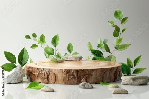 Wood podium with green leaves and natural stones. Abstract podium for organic cosmetic products. Natural stand for presentation and exhibitions. Front view - generative ai