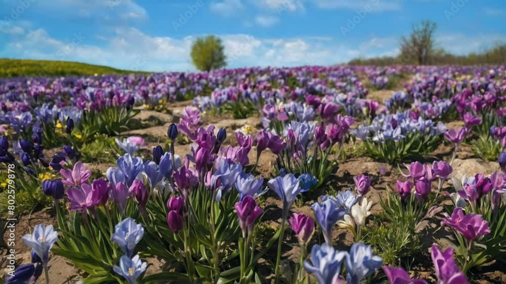 field of purple and yellow flowers, seamless looping animation video background field of purple and yellow flowers, seamless looping animation video background