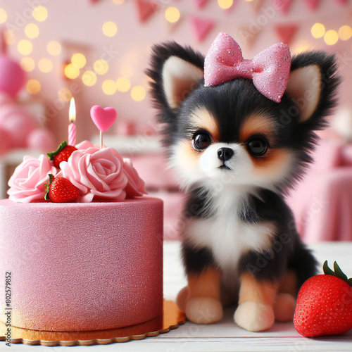ペットにそっくりのぬいぐるみのプレゼントとお祝いするの誕生日の写真	
